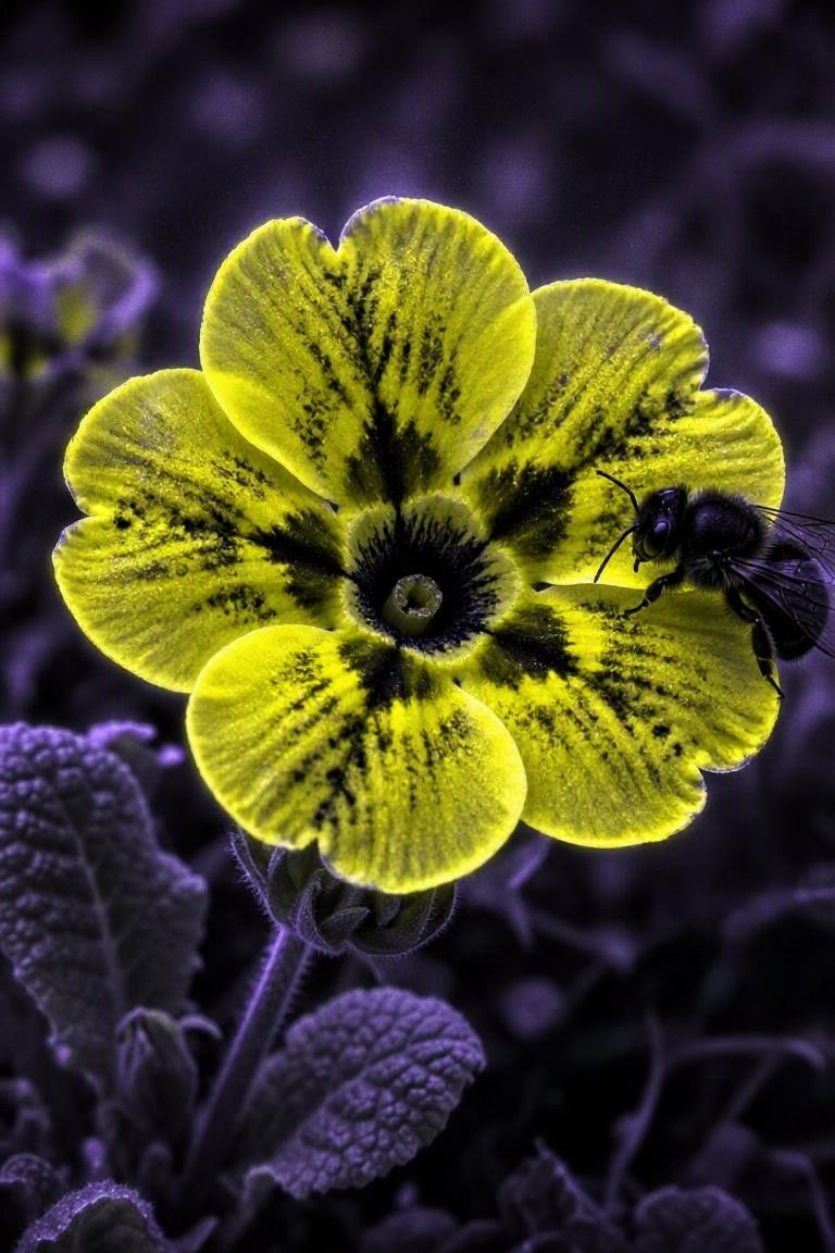 超写实科学风格的报春花图像，仿佛在紫外线下所见：花瓣边缘呈现电光黄，花喉处呈现靶心般的黑色，花蜜导引如跑道灯般排列，一只蜜蜂以深色剪影停在边缘，不可爱。配色：紫外黄、导引黑、一圈…