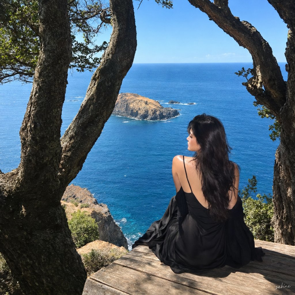 创作一张超写实、电影感的智能手机旅行摄影照片。一位美丽的女子独自坐在海岸悬崖边缘的质朴木平台上，面向广阔深蓝的大海。远处可见一座长满干枯金色草丛的小型岩石岛…