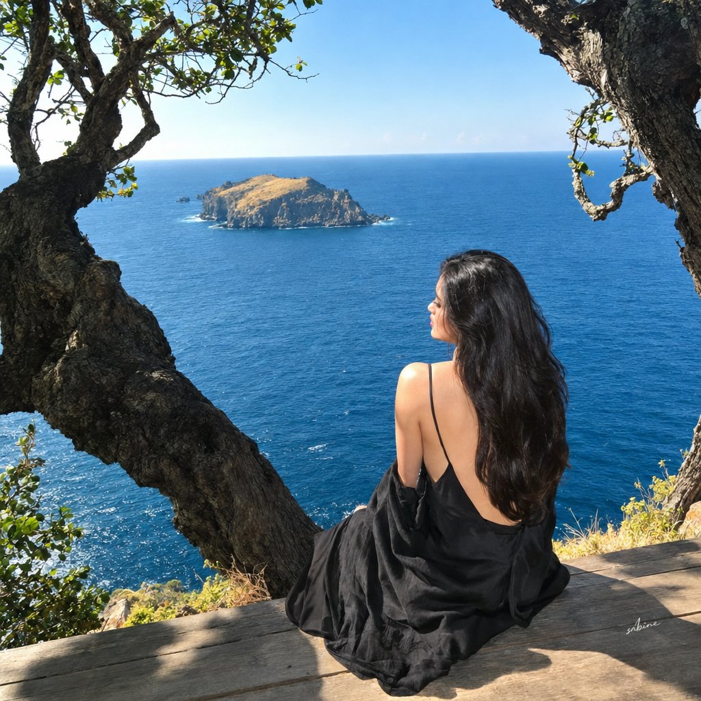 创作一张超写实、电影感的智能手机旅行摄影照片。一位美丽的女子独自坐在海岸悬崖边缘的质朴木平台上，面向广阔深蓝的大海。远处可见一座长满干枯金色草丛的小型岩石岛。粗黑树干、枝条扭曲的…