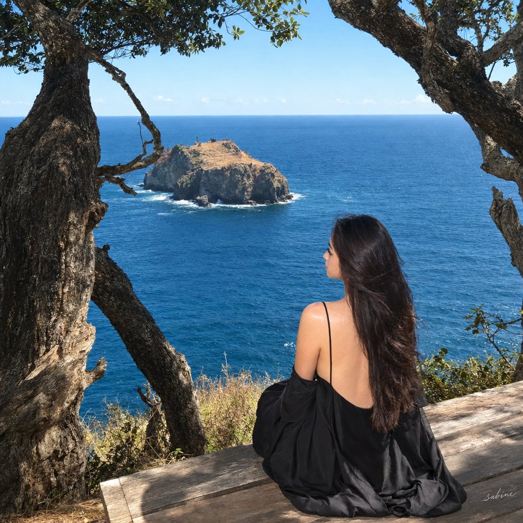 创作一张超写实、电影感的智能手机旅行摄影照片。一位美丽的女子独自坐在海岸悬崖边缘的质朴木平台上，面向广阔深蓝的大海。远处可见一座长满干枯金色草丛的小型岩石岛。粗黑树干、枝条扭曲的…