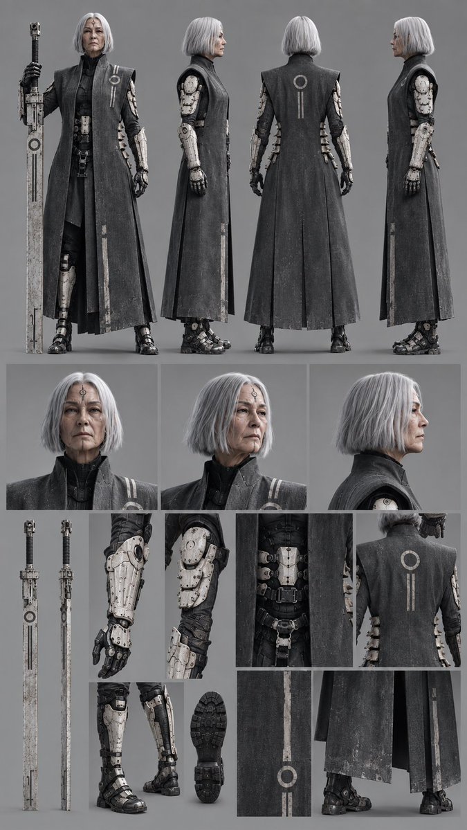 使用以下三张参考统一视觉设定： 参考1：主角角色设定。📷Cybernetic Elder Warrior Character Sheet.png 一位年长女性…