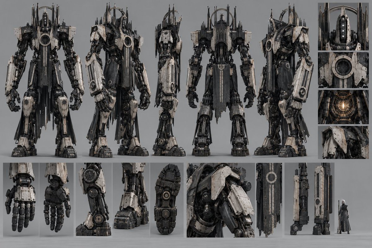 使用以下三张参考统一视觉设定： 参考1：主角角色设定。📷Cybernetic Elder Warrior Character Sheet.png 一位年长女性赛博战士，短白发，面…