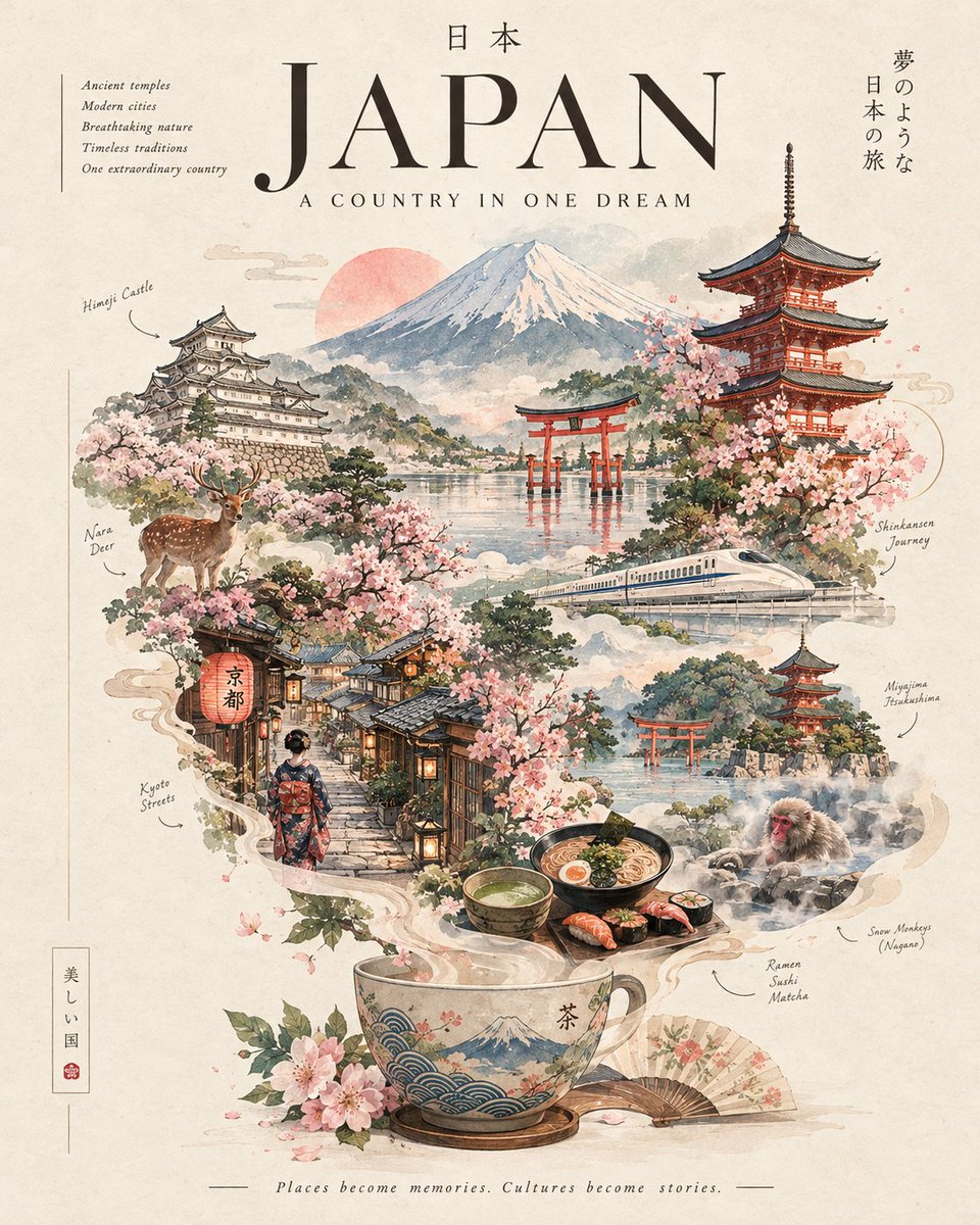 创作一张精致梦幻的编辑杂志封面，标题为“[COUNTRY NAME] — A COUNTRY IN ONE DREAM”。 整体构图应像一段诗意的视觉旅程，而非传统的旅游海报。使…