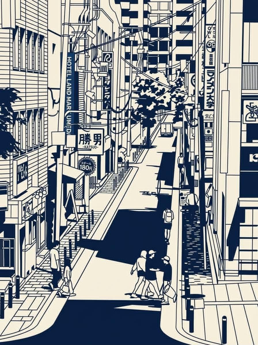 创作一幅垂直版式的编辑插画，灵感来源于参考图片，描绘一幅密集的日本城市街景，采用高度风格化的深藏青与暖象牙色单色线条艺术美学。 从俯视视角展现一条狭窄的日本城…