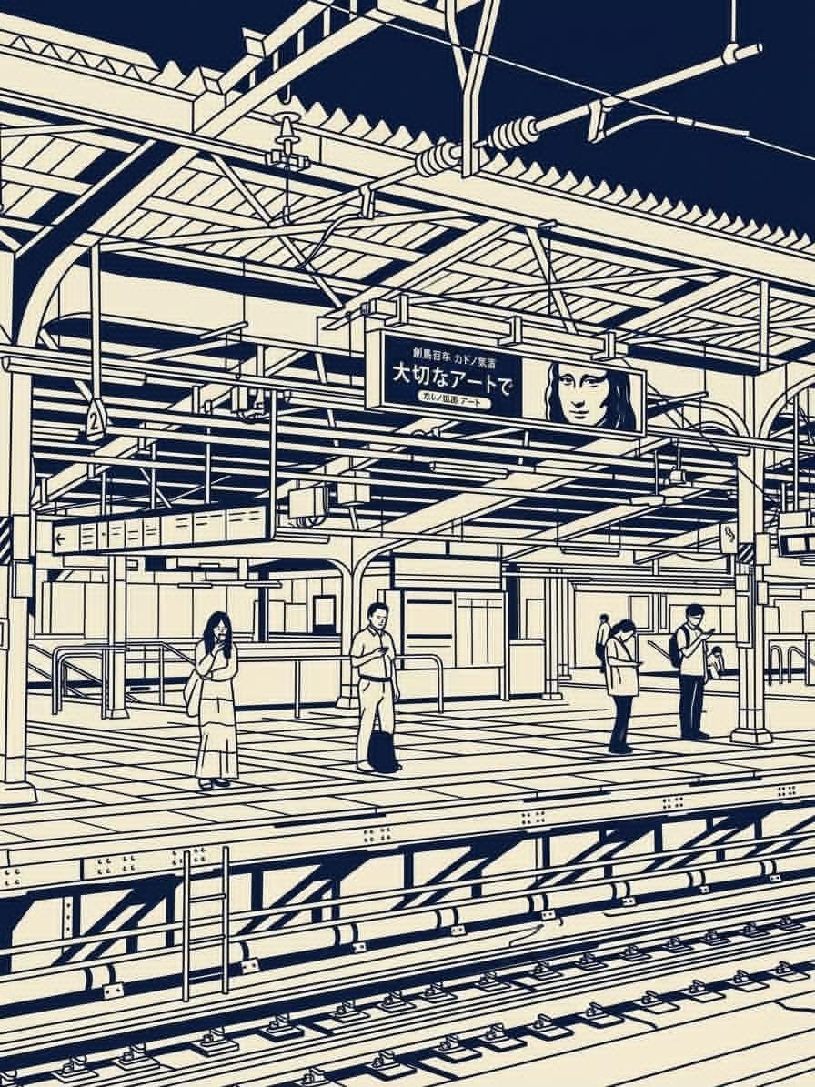 创作一幅垂直版式的编辑插画,灵感来源于参考图片,描绘一幅密集的日本城市街景,采用高度风格化的深藏青与暖象牙色单色线条艺术美学。 从俯视视角展现一条狭窄的日本城市街道,两侧是高耸且…