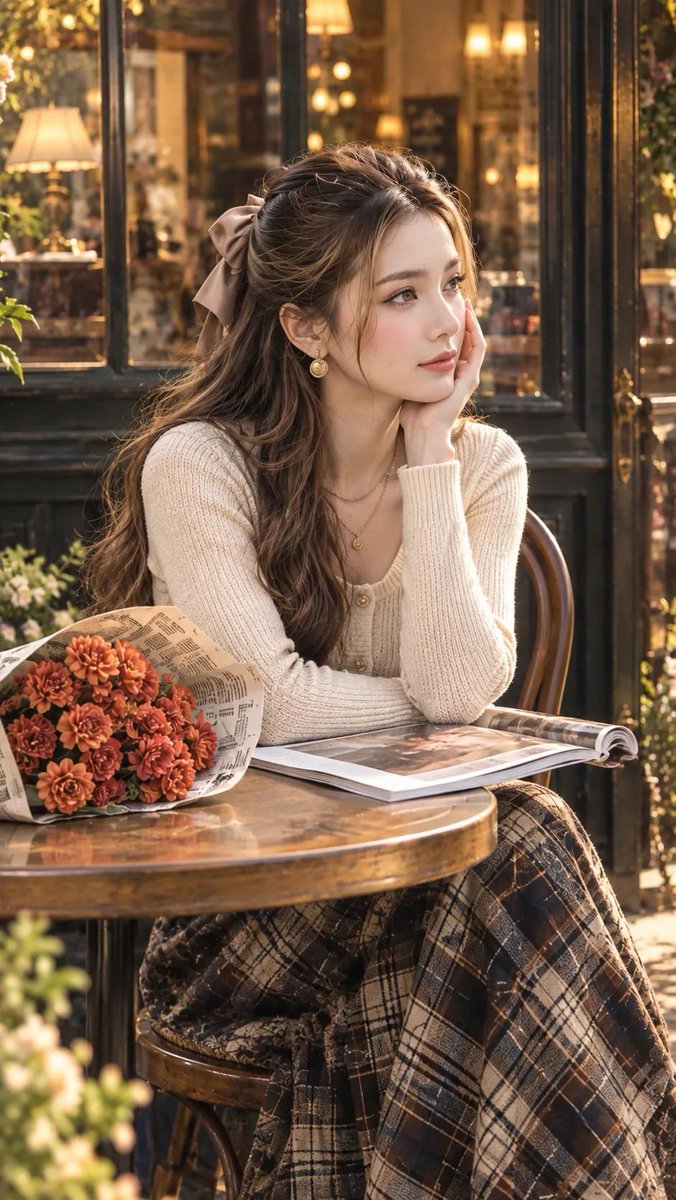 一位美丽的东亚年轻女性，坐在户外一家温馨质朴的巴黎咖啡馆桌旁。她有一头长而波浪状的棕色头发，梳成半扎发样式，用一个米色缎带大蝴蝶结系住。她单手托腮，妆容清淡自…