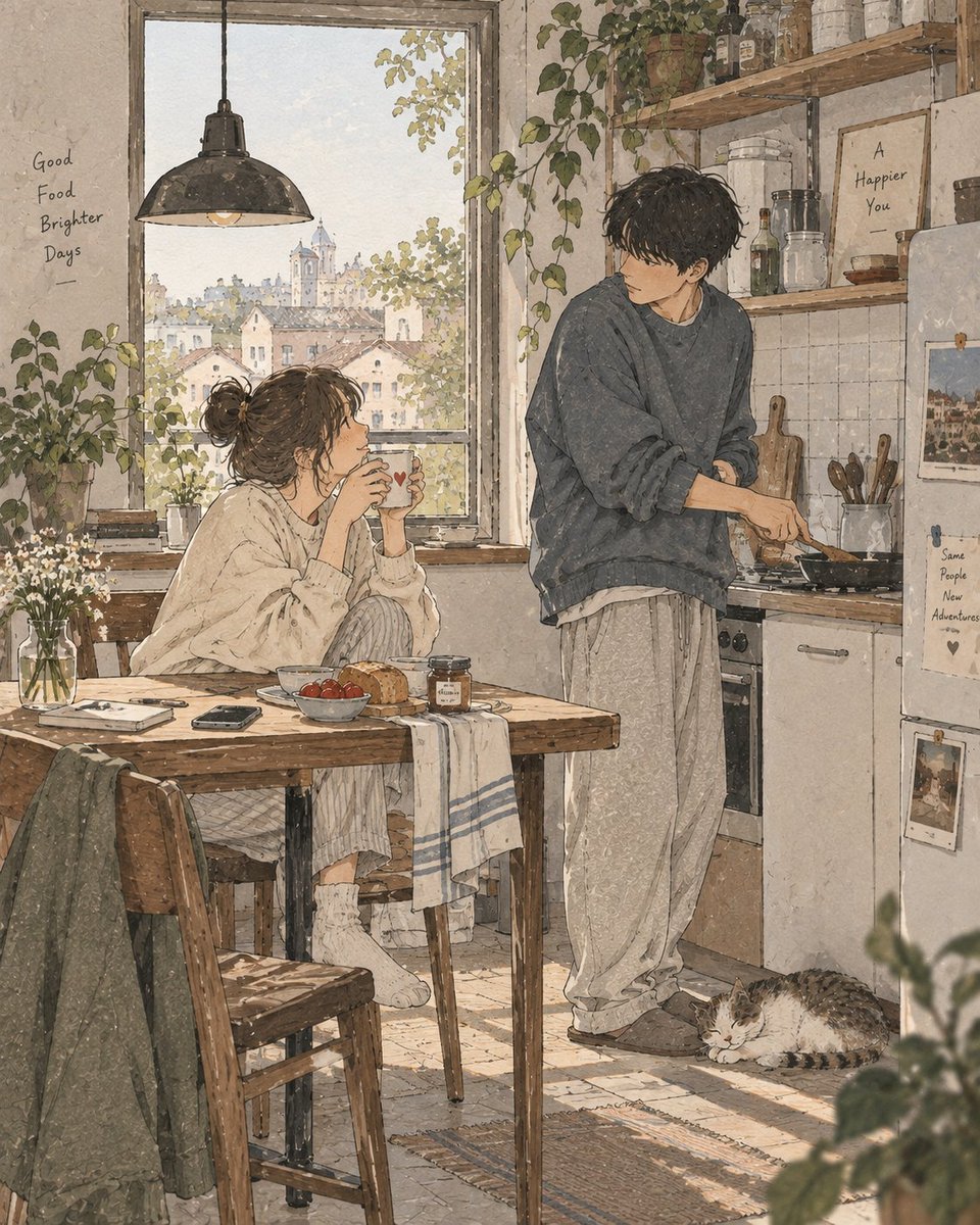 创作一幅精致的当代日本生活片段插画,展现一个安静、温馨的日常瞬间。 风格 手绘钢笔淡彩作品,线条细腻而有表现力,轮廓自然不完美,微妙的水彩晕染,可见纸张纹理,边缘柔和,留白充足…