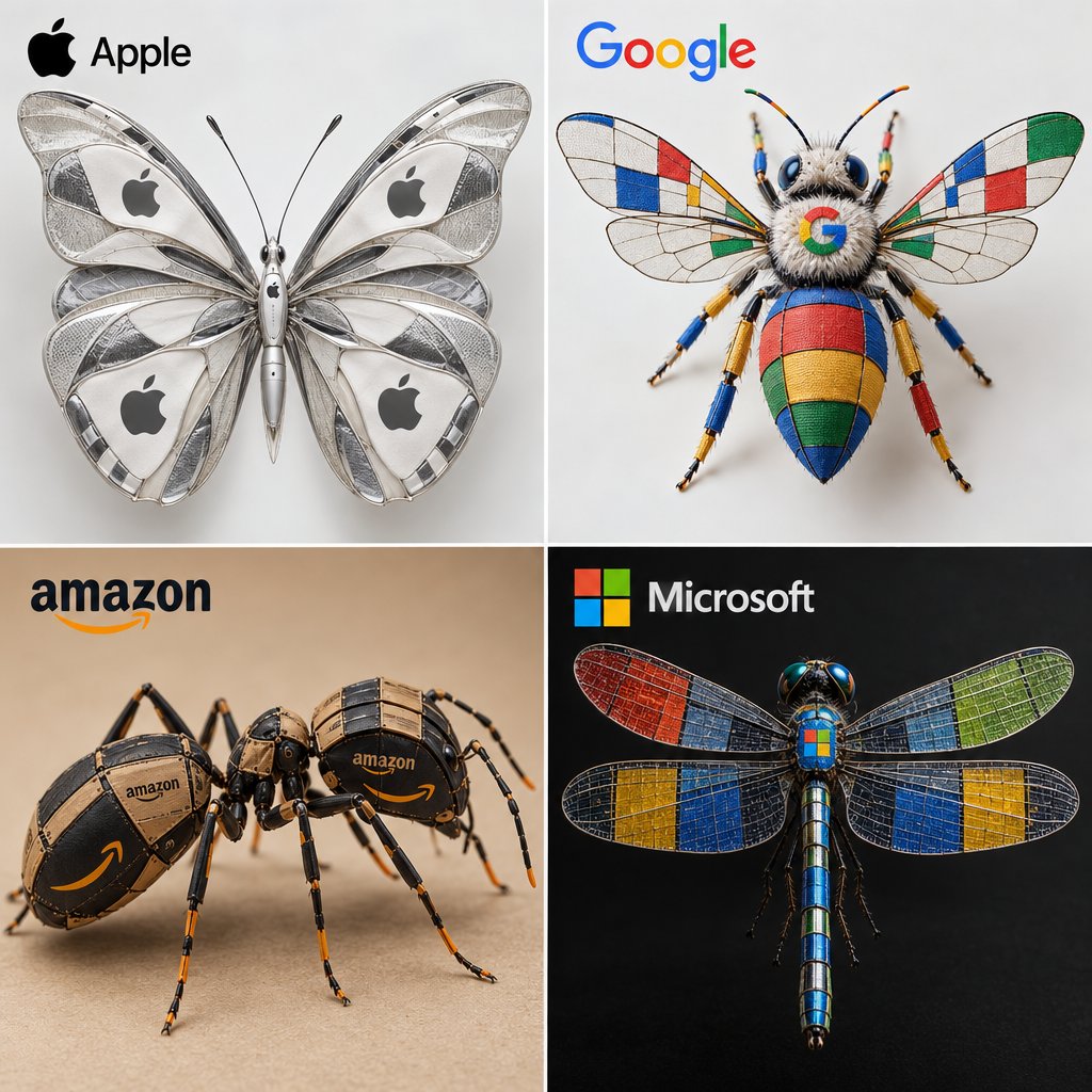 2x2 网格，1080x1080：<instructions> 输入 = 科技公司 识别 4 个标志性的科技品牌及其标志性元素/图案。函数 Draw ($ T…