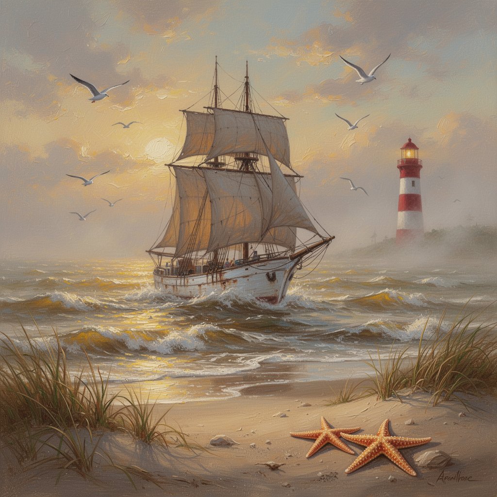 绘画风格的油画海岸海景：一艘船体斑驳泛白的纵帆船张满风帆，在金光照耀的波涛汹涌中驶近沙滩海岸，雾霭朦胧的背景中隐约可见一座红白条纹的灯塔，海鸥在云霞温暖的天空…