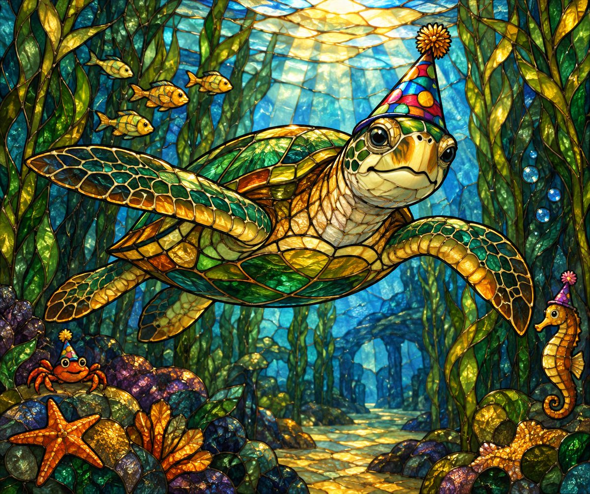 一只海龟在海底森林中悠然滑行，画面采用手工彩色玻璃风格，以粗厚的铅条勾勒轮廓，并以宝石般色调的珐琅填充。浓郁的蓝宝石蓝、琥珀金与闪耀的翠绿交织，捕捉阳光穿透水…