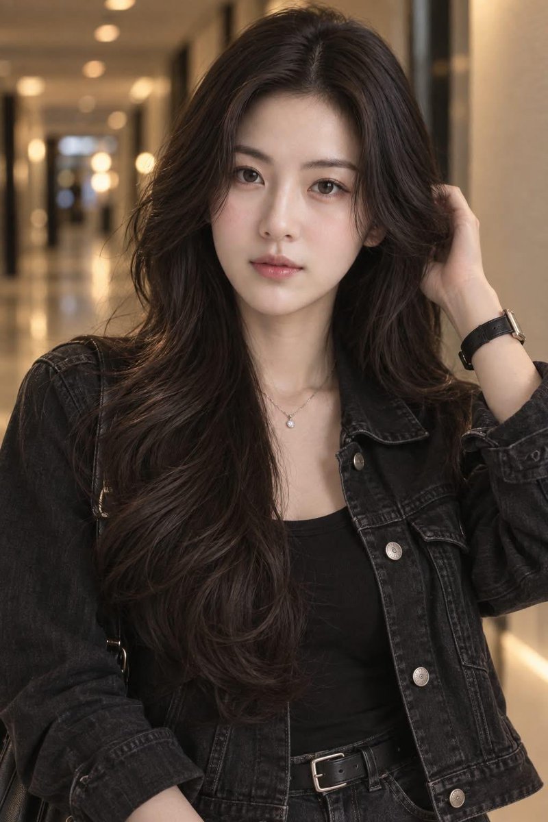 创建一张超写实的电影感人像摄影照片，画面中是一位美丽的年轻女性，留着浓密的自然深棕色长卷发，中分并带有柔和的修饰脸型的发丝。她拥有精致柔美的面部特征，白皙洁净…