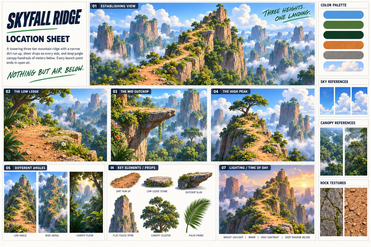SEEDANCE 2.5 — 最终主控提示 场景背景 在坠崖山脊上，Ollie——一只年轻、风格化的鸵鸟，翅膀上用清晰可见的藤蔓绳索物理绑缚着两片巨大的绿色棕…