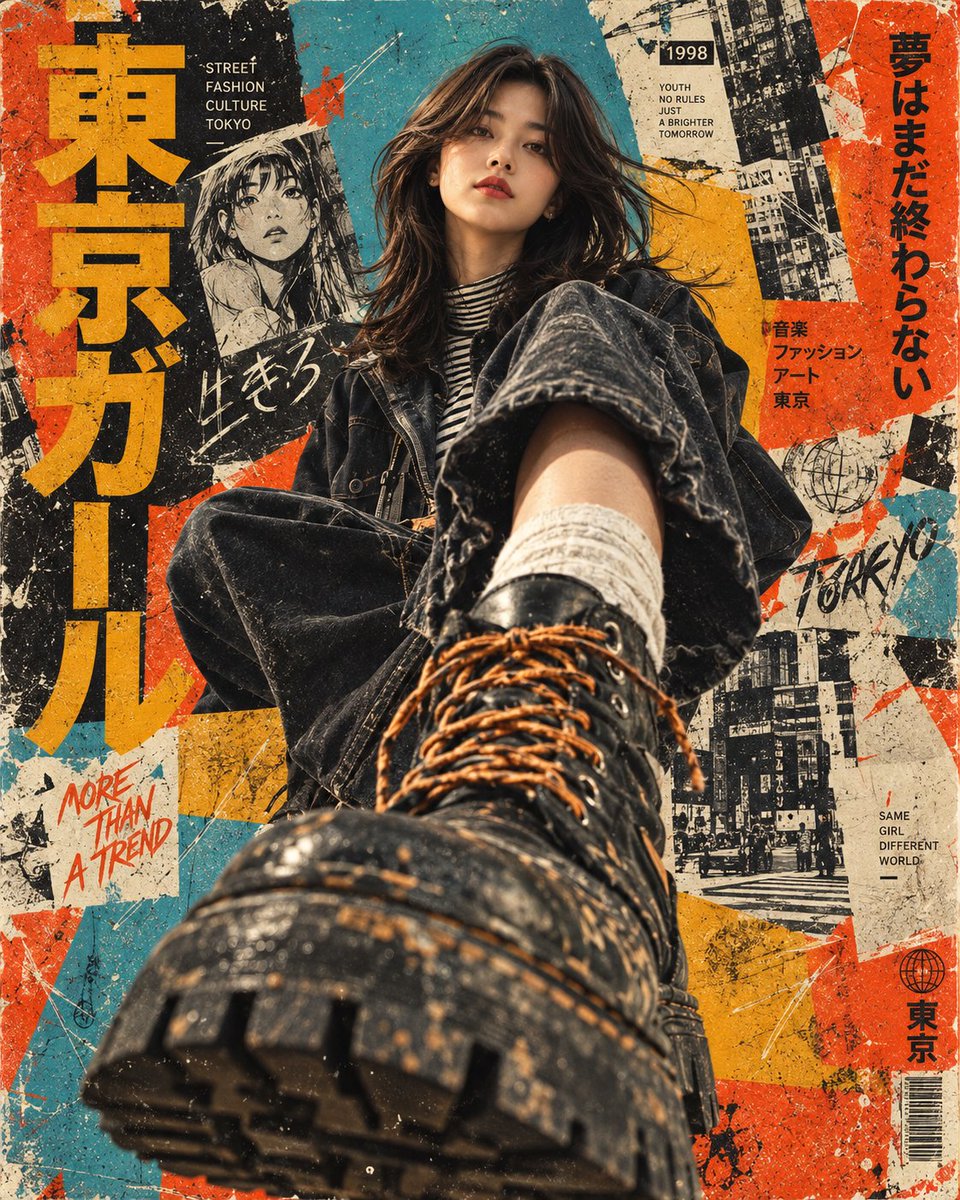 创作一张超写实电影感街头时尚编辑海报，带有强烈的复古日本朋克 / 地下杂志美学。 一位年轻的东亚女性坐在地面上，从戏剧化的极低角度直视镜头。她的上半身位于构图…