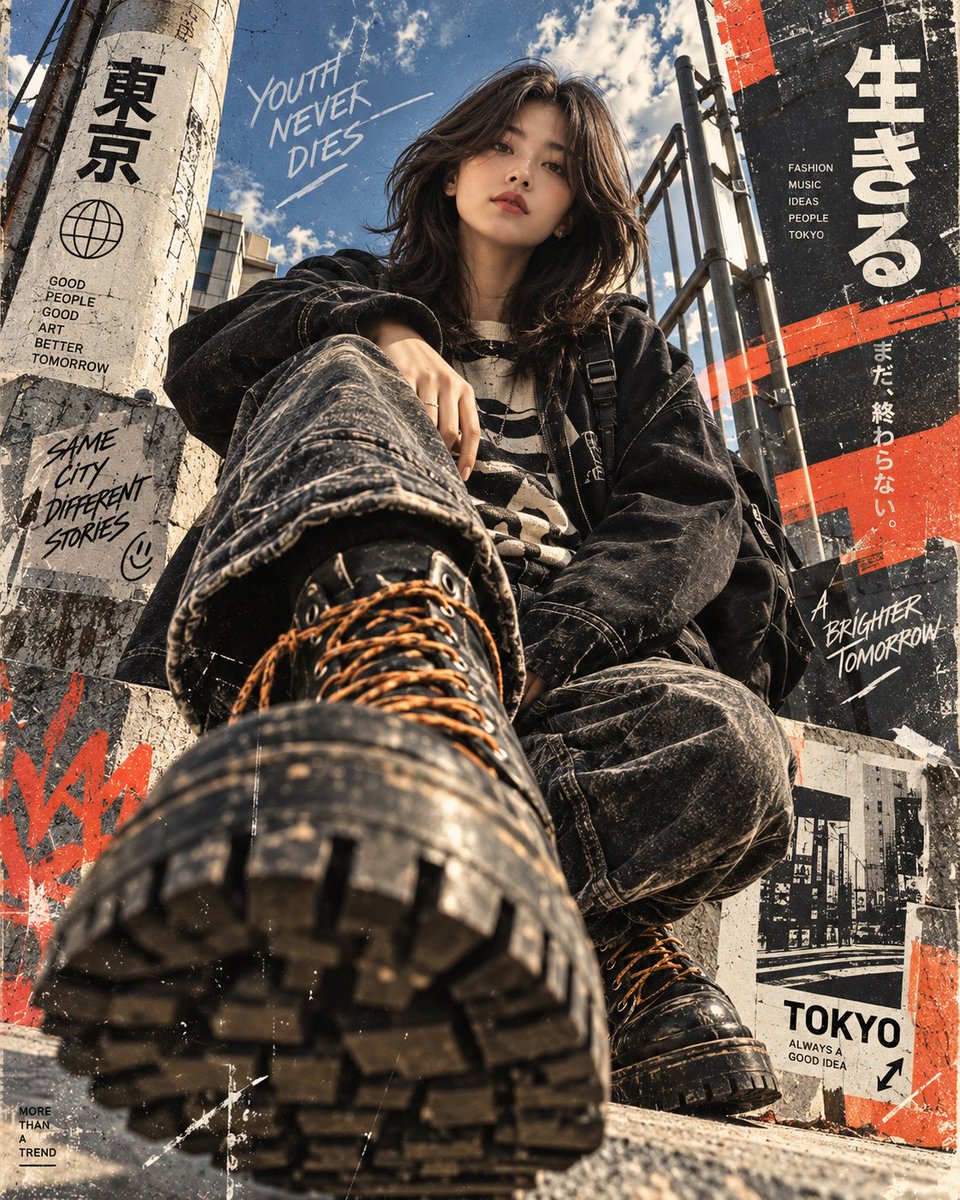 创作一张超写实电影感街头时尚编辑海报，带有强烈的复古日本朋克 / 地下杂志美学。 一位年轻的东亚女性坐在地面上，从戏剧化的极低角度直视镜头。她的上半身位于构图的中心偏上方，一条腿…