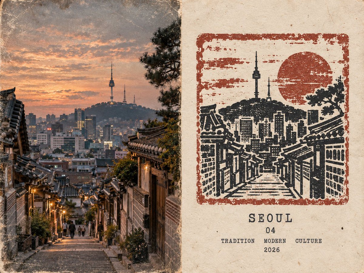 创建一张高级 4:3 横版橡皮印章旅行日记海报，主题为 [国家 / 地点 / 主题]。 仅文生图生成。整幅作品仅根据 [国家 / 地点 / 主题] 生成，无需参考图像或任何额外视…