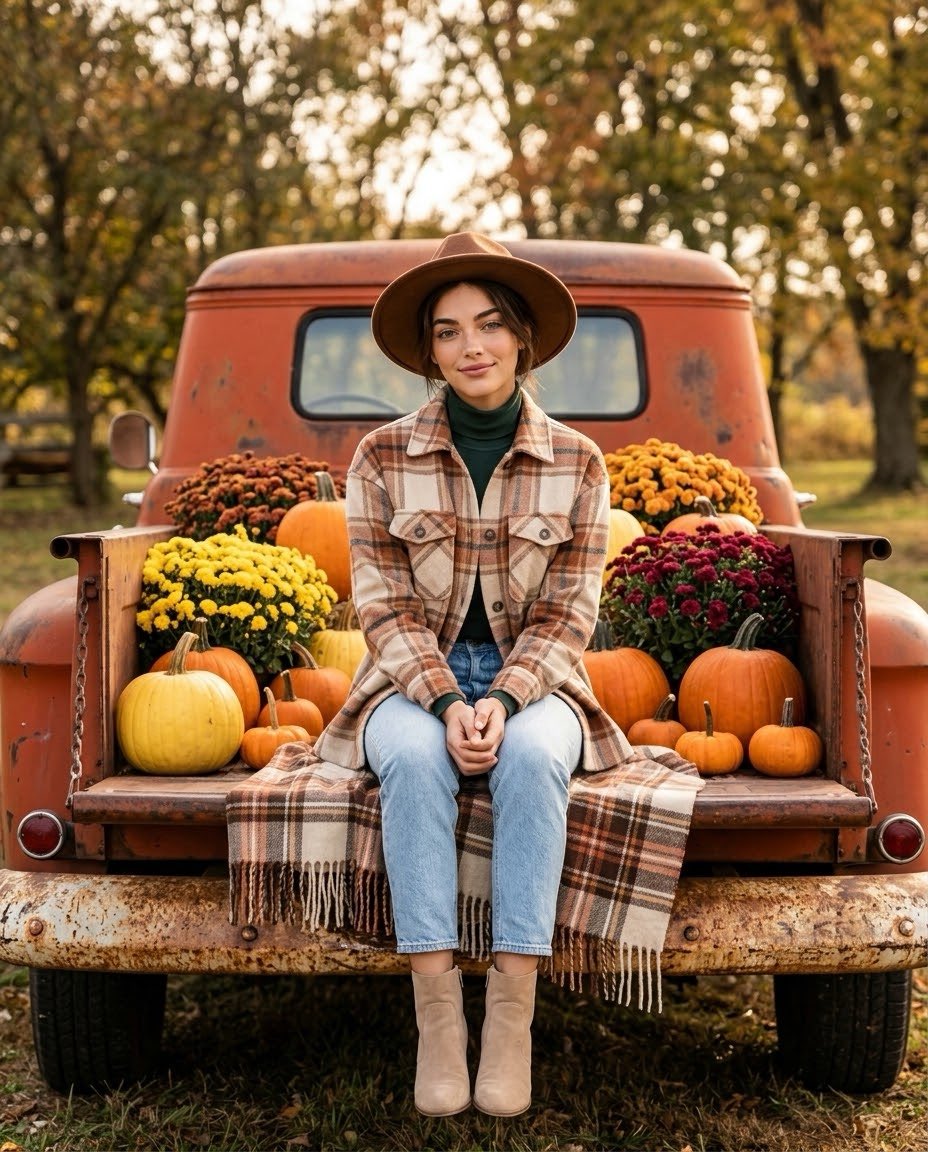 摄影级写实秋季人像写真：一位年轻女性坐在一辆复古红橙色皮卡的敞开式后车板上。她戴着一顶宽檐棕色毛毡帽，穿着一件暖米色、奶油色和陶土色调的格纹衬衫外套，内搭深绿…