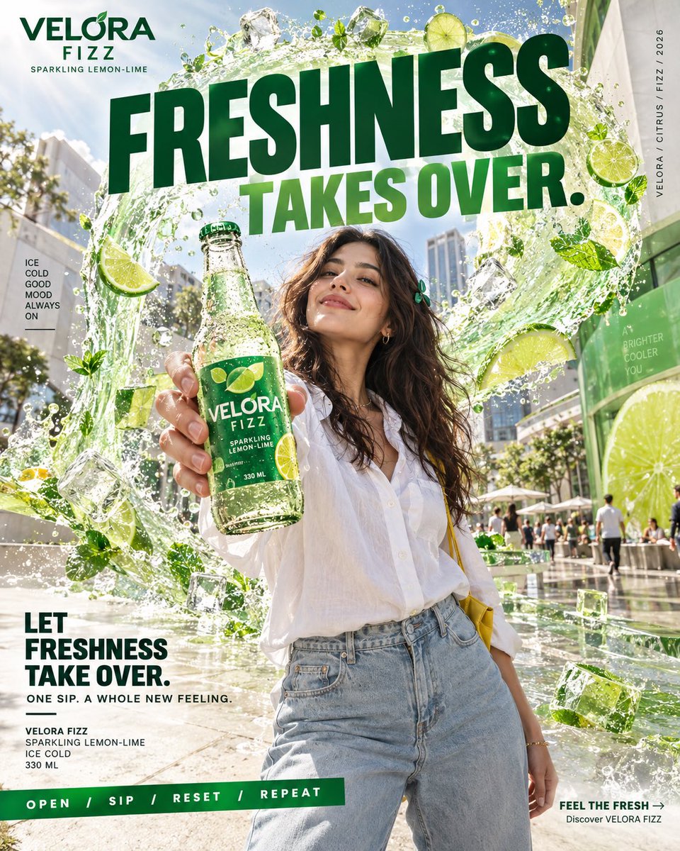 GPT Image 2.5 on ChatGPT 提示词； 创建一个超高端 VELORA FIZZ —— "LET FRESHNESS TAKE OVER"（…