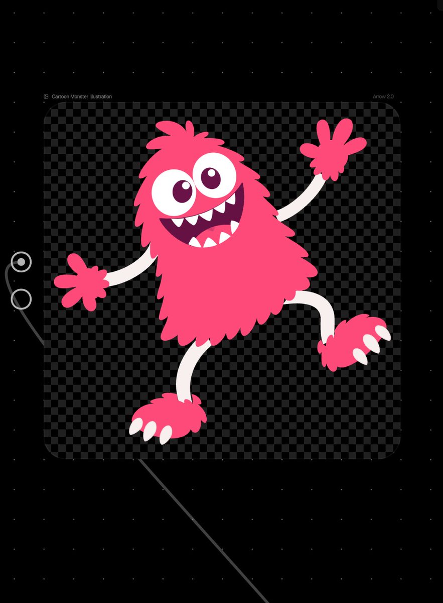 扁平色彩插画：卡通怪物，Yo Gabba Gabba! 风格。 - 身体是圆润的圆锥形，覆盖着蓬松的粉色毛发。 - 白色大眼睛（googly eyes），咧嘴大笑，露出尖锐的牙齿…