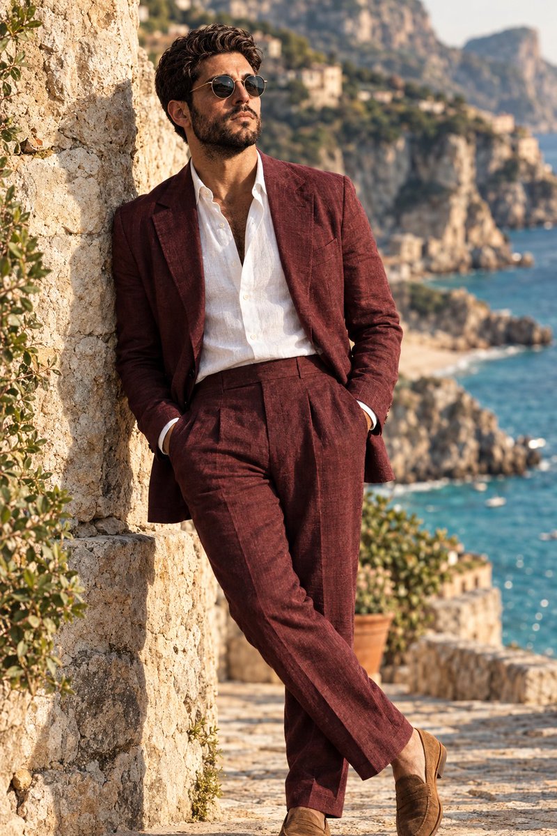 照片写实风格的奢华时尚大片：一位时髦的地中海男士，三十出头，深色波浪卷发，蓄着修剪整齐的浓密络腮胡，戴着一副复古圆形墨镜，身着一套精致的酒红/葡萄酒色亚麻西装…