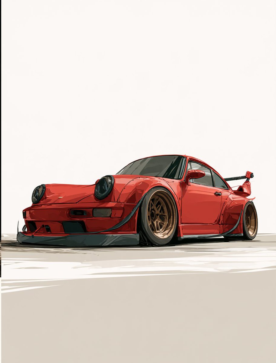 保时捷： 一辆改装宽体的保时捷 911 跑车，采用哑光卫士红（Guards Red）。3/4 角度视角，完整车身可见。雕塑感的水滴形轮廓，带有螺栓固定的轮眉加…