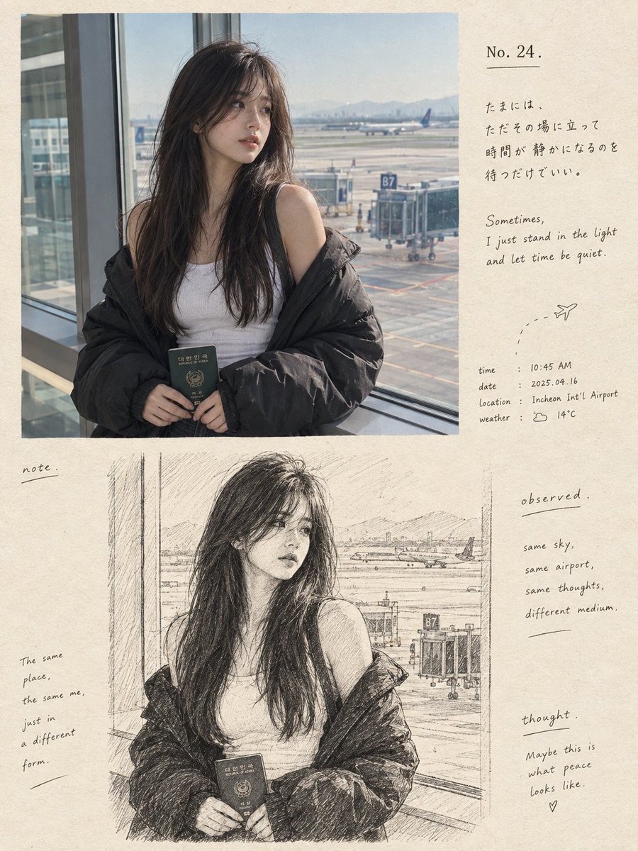 一本怀旧高端的编辑风格摄影与素描艺术书页，画面中有一位年轻的东亚女性置身于机场航站楼，采用干净的竖版 3:4 构图。上半部分是一张超写实的抓拍照片：女子伫立在…