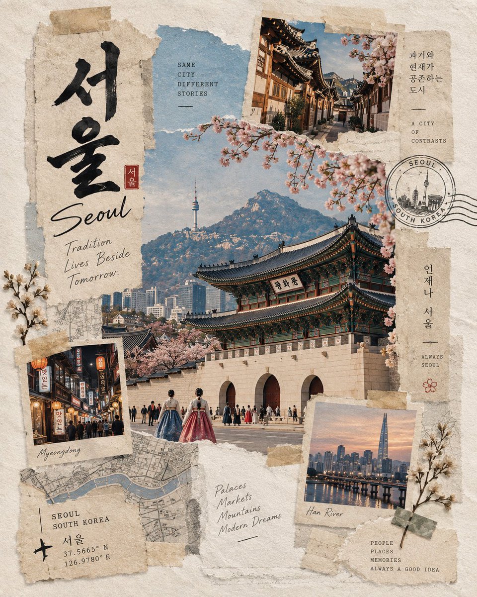 创作一幅高度逼真的日系和纸胶带旅行拼贴画，以[CITY]的地标建筑为主题，设计为高级手工旅行手帐页面。该地标应一眼可辨，并展现出准确的建筑细节、真实的比例、自…