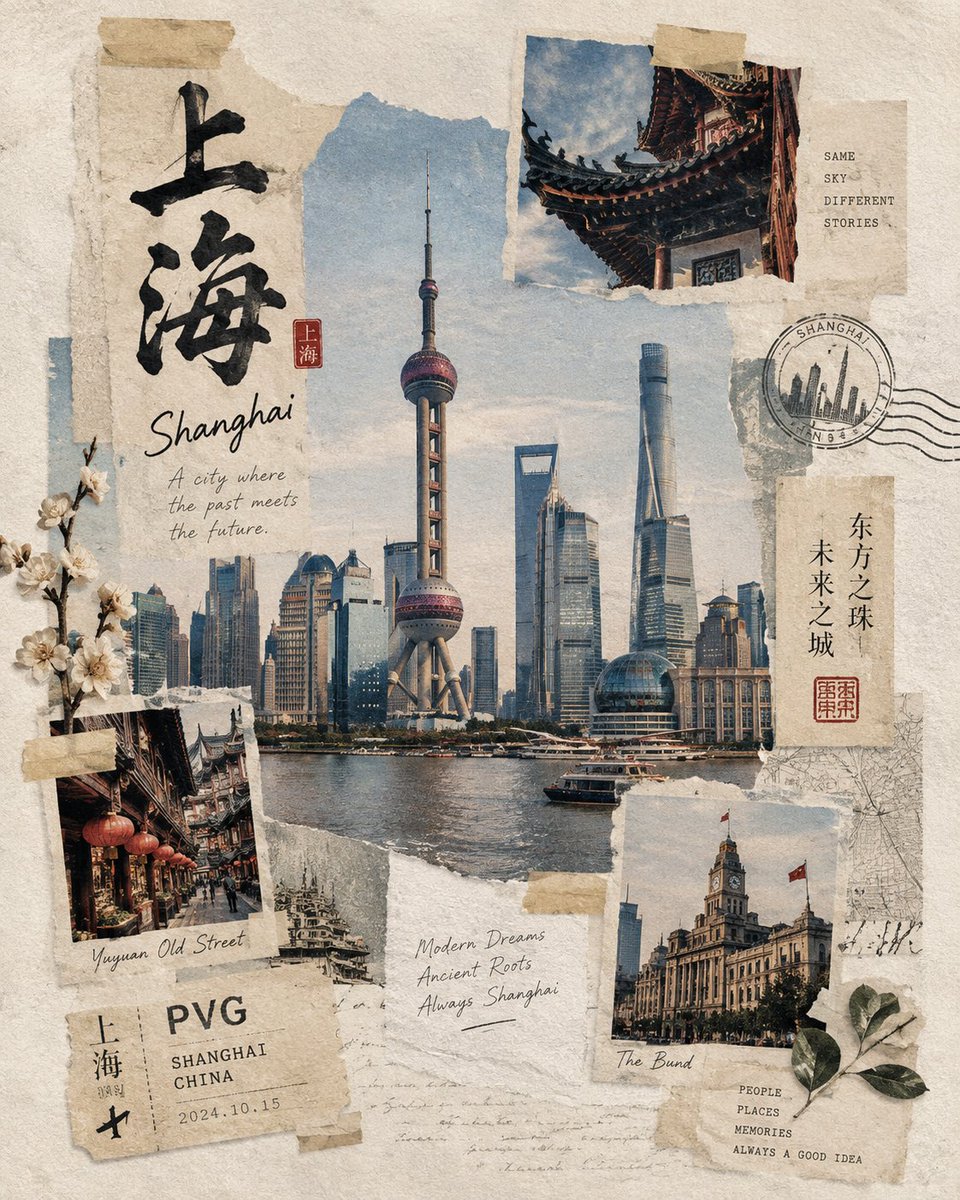 创作一幅高度逼真的日系和纸胶带旅行拼贴画，以[CITY]的地标建筑为主题，设计为高级手工旅行手帐页面。该地标应一眼可辨，并展现出准确的建筑细节、真实的比例、自然的材质，以及细腻的…