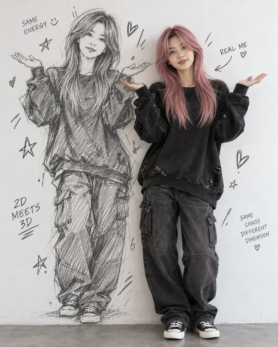 GPT Image 2.5 on ChatGPT Prompt 创作一幅超现实的创意人像：一位年轻女性站在室内一面洁净的白墙前，与一幅紧挨着她的大型黑白铅笔手…