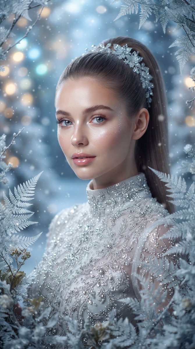 超现实的电影级特写肖像,一位美丽的年轻女子置身于优雅的冰雪奇幻场景中。她拥有精致的五官、瓷器般光泽透亮的肌肤、柔软水润的粉色双唇、富有表现力的蓝灰色眼眸搭配纤长自然的睫毛,以及修…