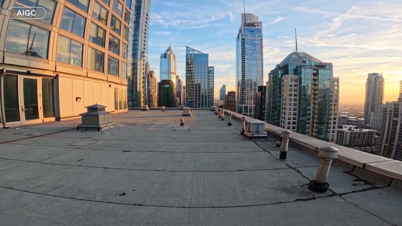 场景： 第一人称视角，位于一座现代城市建筑的屋顶，夕阳时分。观察者走向边缘。下方可见数座建筑。 动作： 镜头冲向边缘并起跳。 最初瞬间，看起来像是摩天大楼之间…