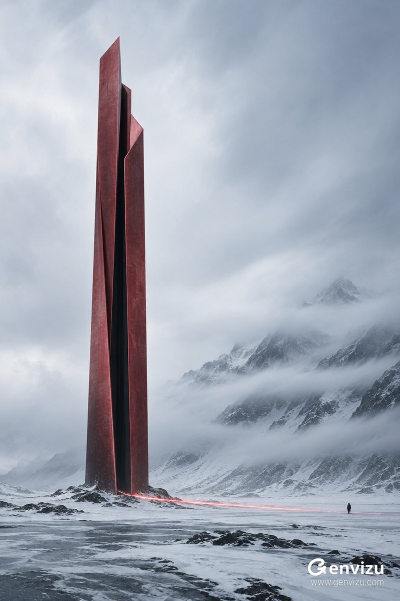 单一超高垂直体量对抗广阔雪原；建筑略偏左，天空和右侧山坡形成负空间；红色实体与黑色缝隙产生强烈图底关系；人物极小用于尺度参照；雾遮山脊；红光沿地面延展；长曝光…
