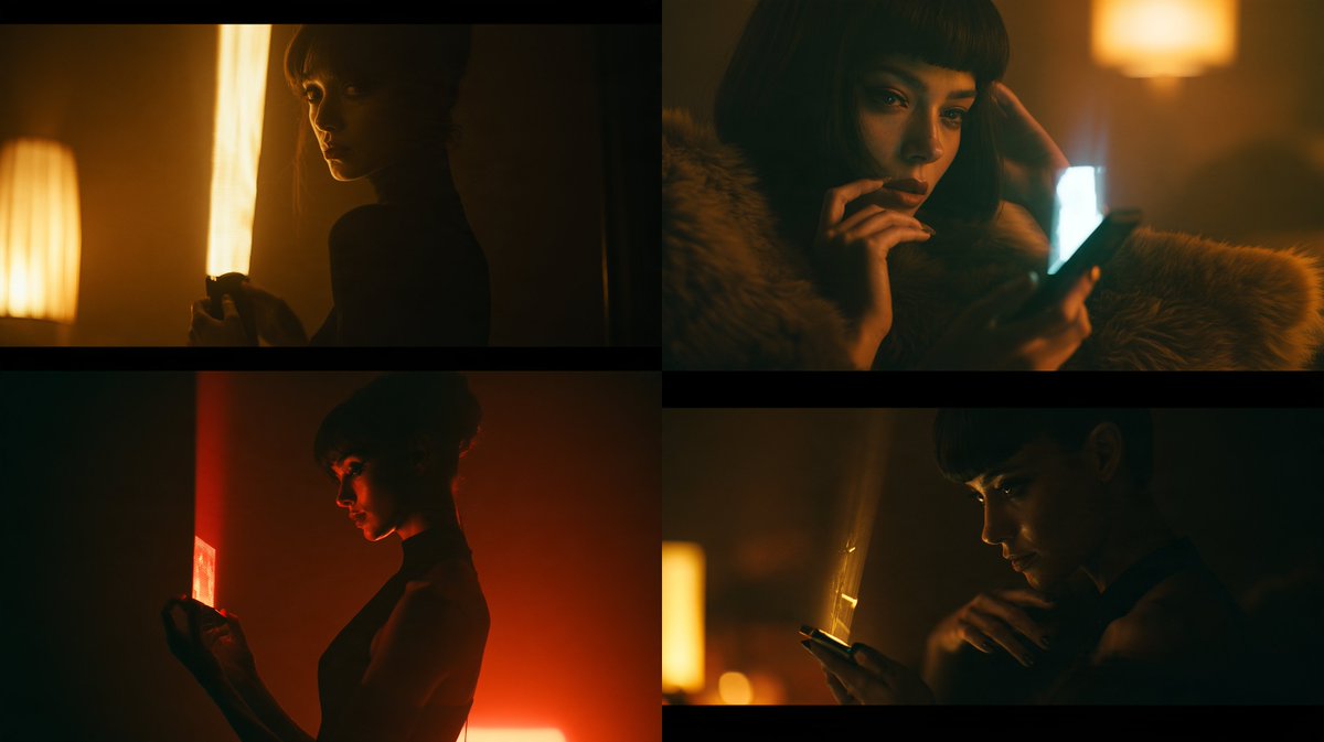 在黑暗中看到一位性感女人手持设备,从设备中投射出全息图像,灯光只照亮部分场景,广角镜头,暖色调灯光,《银翼杀手2049》,电影感 --ar 16:9 --v 8.2 https…