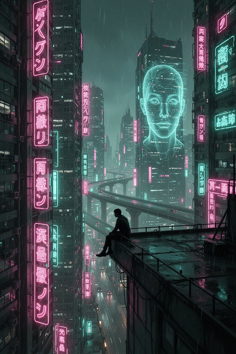 剪影：孤独的身影坐在摩天大楼屋顶边缘，俯瞰夜晚蔓延的霓虹赛博朋克巨型都市。密集的高塔被粉色与青色霓虹招牌和日文假名文字包裹，一栋建筑外墙上投射着巨大的全息面孔…