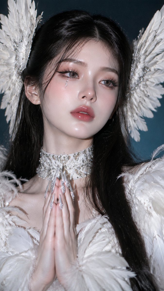 超现实主义高级时装天使肖像,一位年轻女性,构图与造型高度贴合参考。她身着一袭华丽夸张的白色羽毛高定礼服,肩部羽毛蓬松丰盈,胸前与领口层层叠覆柔软白色羽毛,并搭…