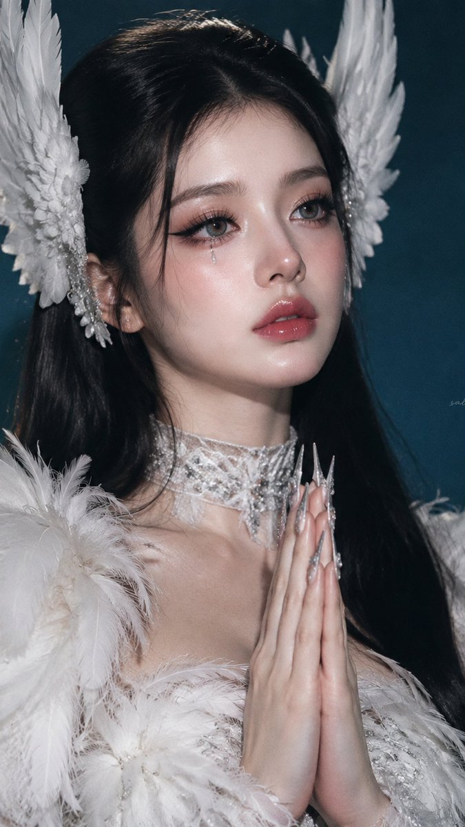 超现实主义高级时装天使肖像,一位年轻女性,构图与造型高度贴合参考。她身着一袭华丽夸张的白色羽毛高定礼服,肩部羽毛蓬松丰盈,胸前与领口层层叠覆柔软白色羽毛,并搭配一条精致的银色刺绣…