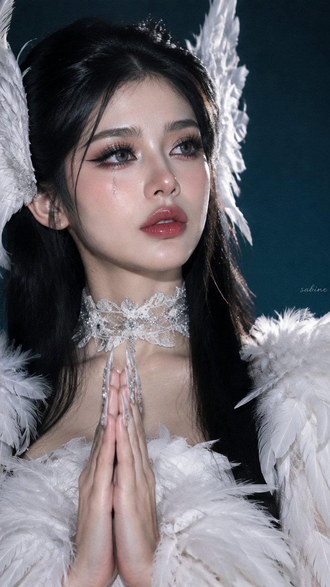 超现实主义高级时装天使肖像,一位年轻女性,构图与造型高度贴合参考。她身着一袭华丽夸张的白色羽毛高定礼服,肩部羽毛蓬松丰盈,胸前与领口层层叠覆柔软白色羽毛,并搭配一条精致的银色刺绣…