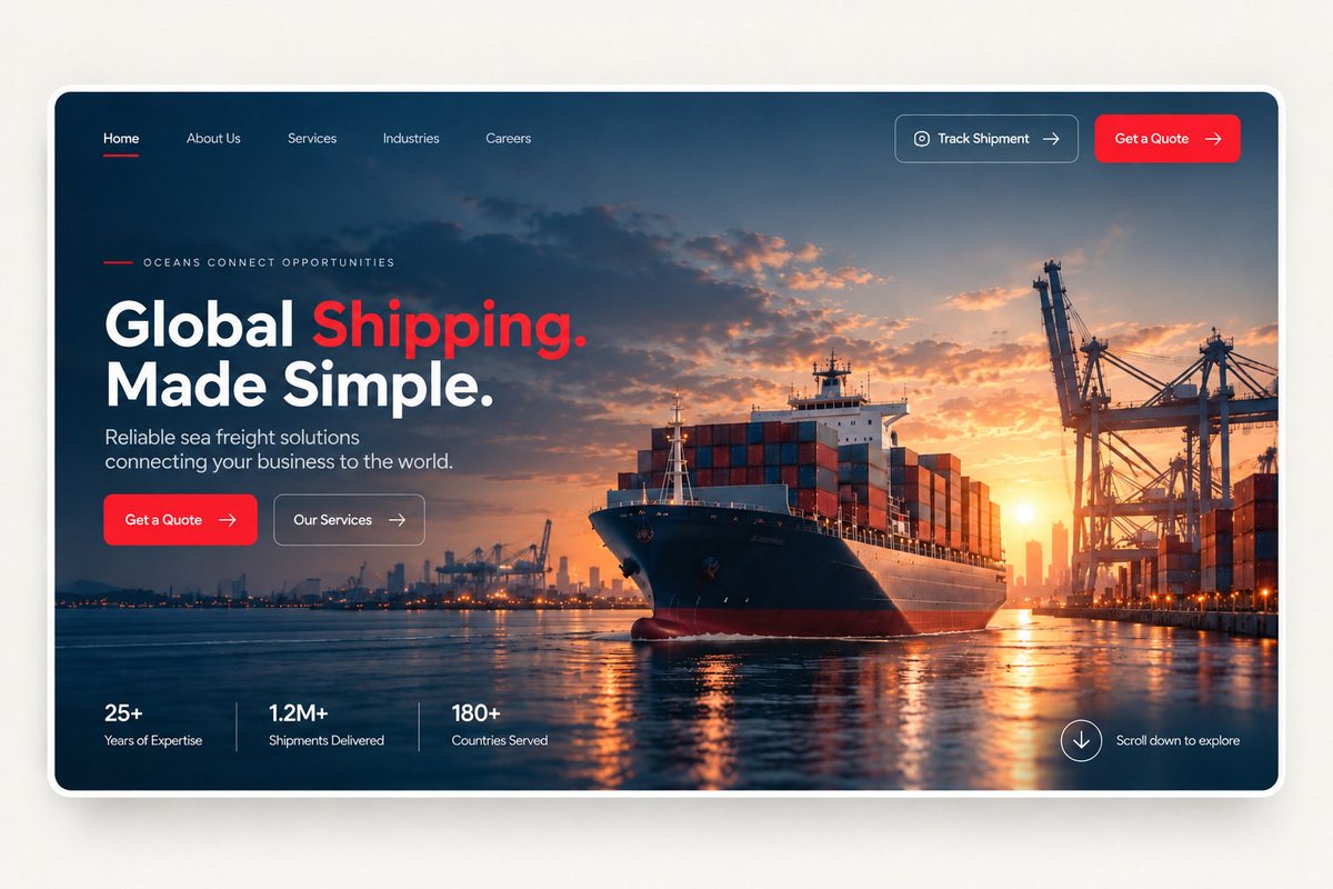 { "task": "Design a premium left-aligned sea-freight and logistics website hero…