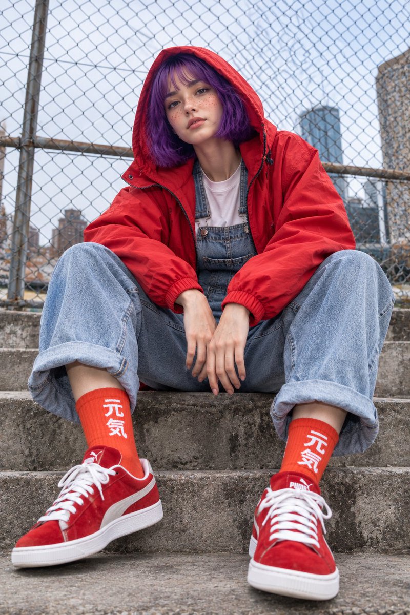 创作一张超写实的低角度特写时尚人像，主体为参考图中同一位年轻成年女性角色，需保留其鲜明紫罗兰色齐下巴波波头与齐刘海、瓷白肤色、鼻梁与脸颊上的自然雀斑、榛色/浅…