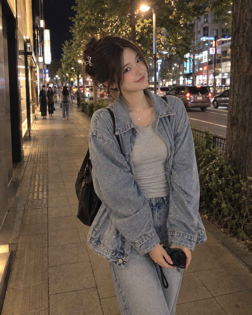 一张照片般逼真的夜景街头时尚人像照片,一位年轻女子站在城市人行道上,双手握着一台小型数码相机,仿佛正在拍照。她有着深黑棕色的长发,整齐地盘成一个低发髻,脸颊两…
