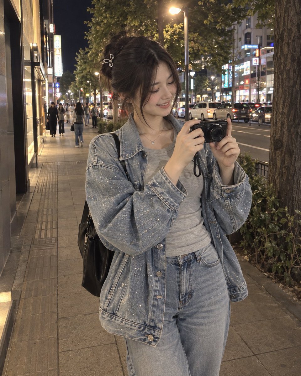 一张照片般逼真的夜景街头时尚人像照片,一位年轻女子站在城市人行道上,双手握着一台小型数码相机,仿佛正在拍照。她有着深黑棕色的长发,整齐地盘成一个低发髻,脸颊两侧自然垂落着柔和的修…