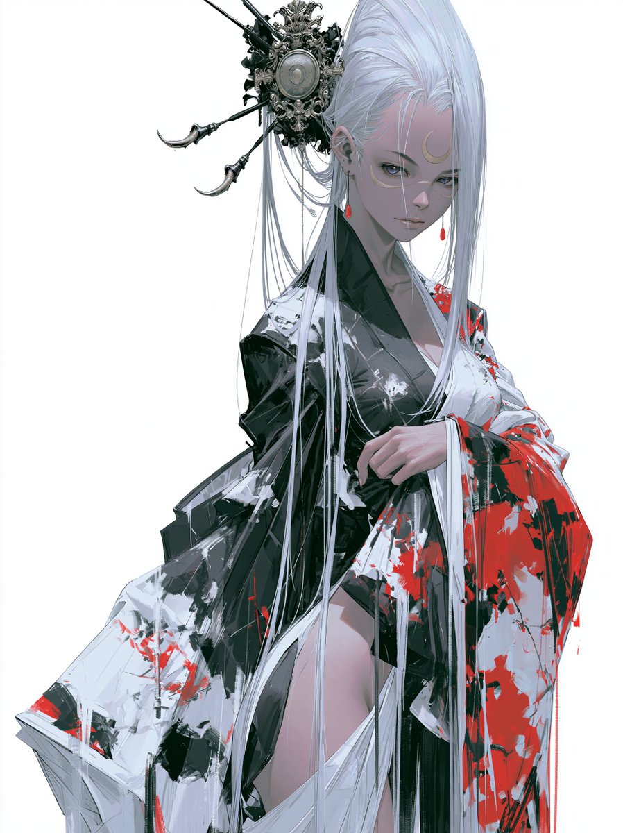 风格化概念艺术,绘画感 2.5D 插画风格,平面海报化色块,硬边笔刷形状,哑光水粉质感,无线条。二十岁出头的成年女性,空灵的月之君主美学,成熟锐利的下颌线,苍…