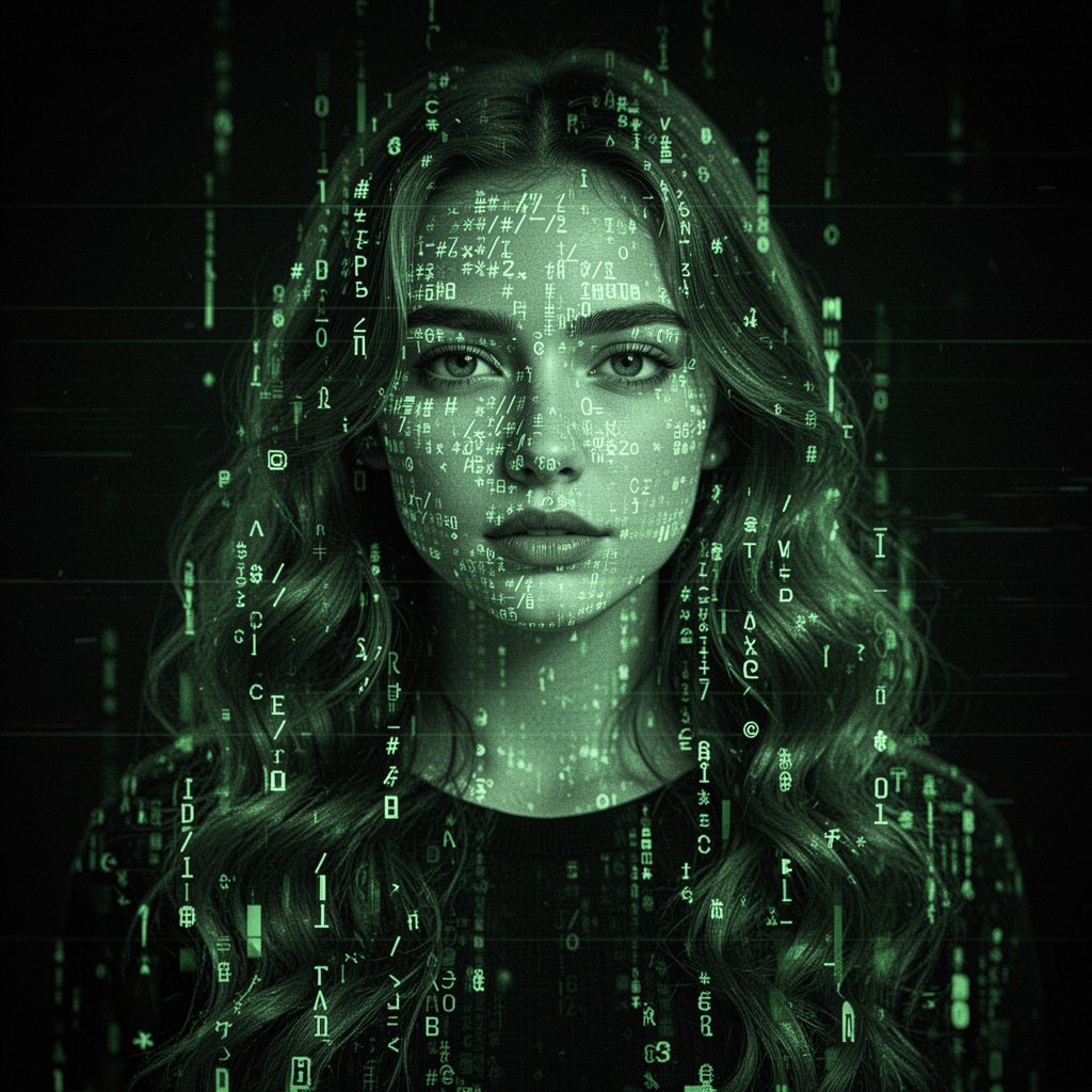 一位年轻女子的肖像，长长的波浪卷发，完全由发光的绿色 ASCII 和终端字符组成，背景为黑色——井号、斜杠、数字和符号形成她面部、发丝和肩膀的明暗，矩阵代码美…