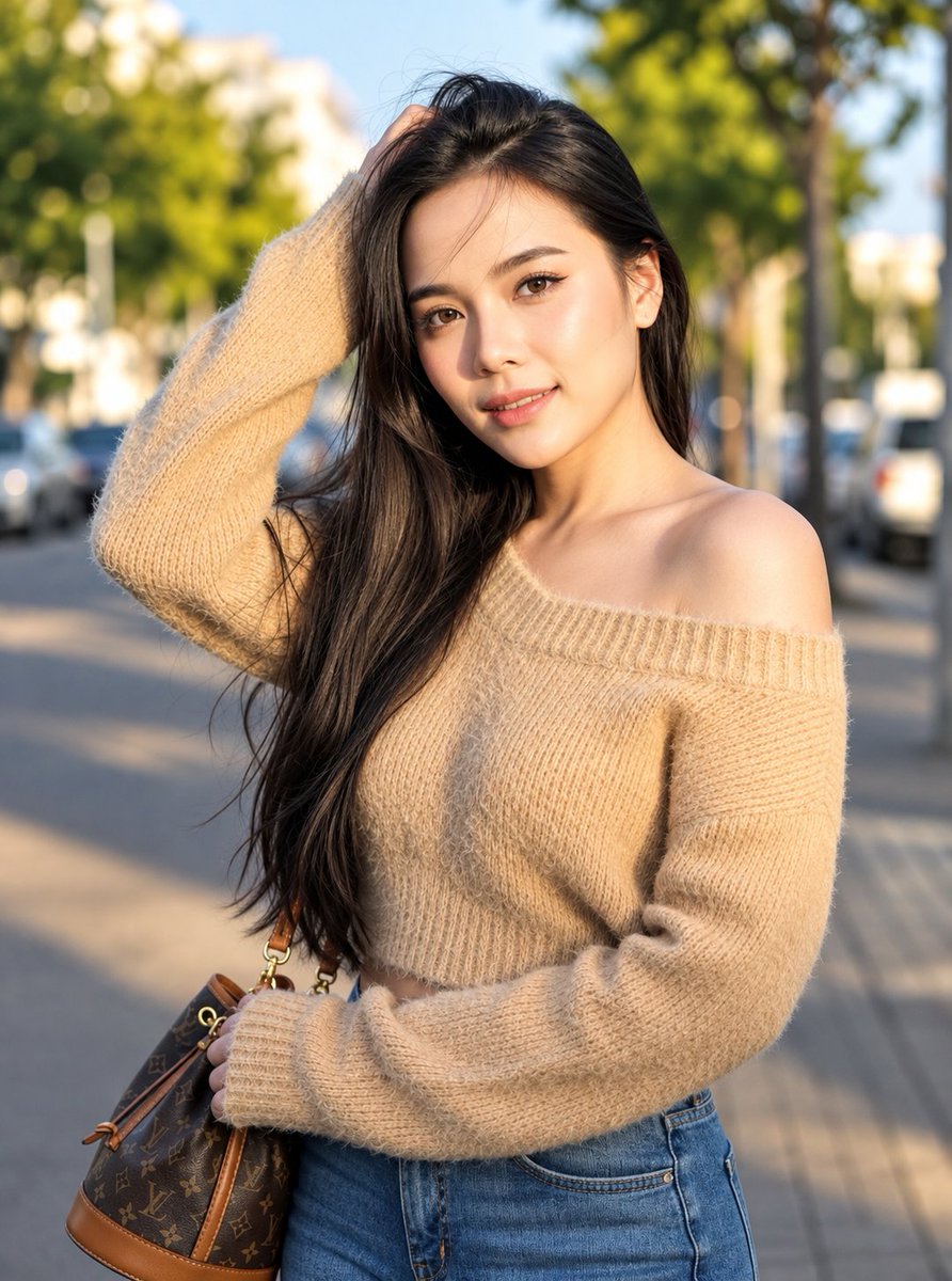 一张照片级真实感的人像肖像：一位美丽的年轻亚洲女性，20岁出头，站在城市街道户外，温暖的黄金时刻。她有着长而直、深棕色至黑色的头发，自然地垂落在肩头，面部特征…