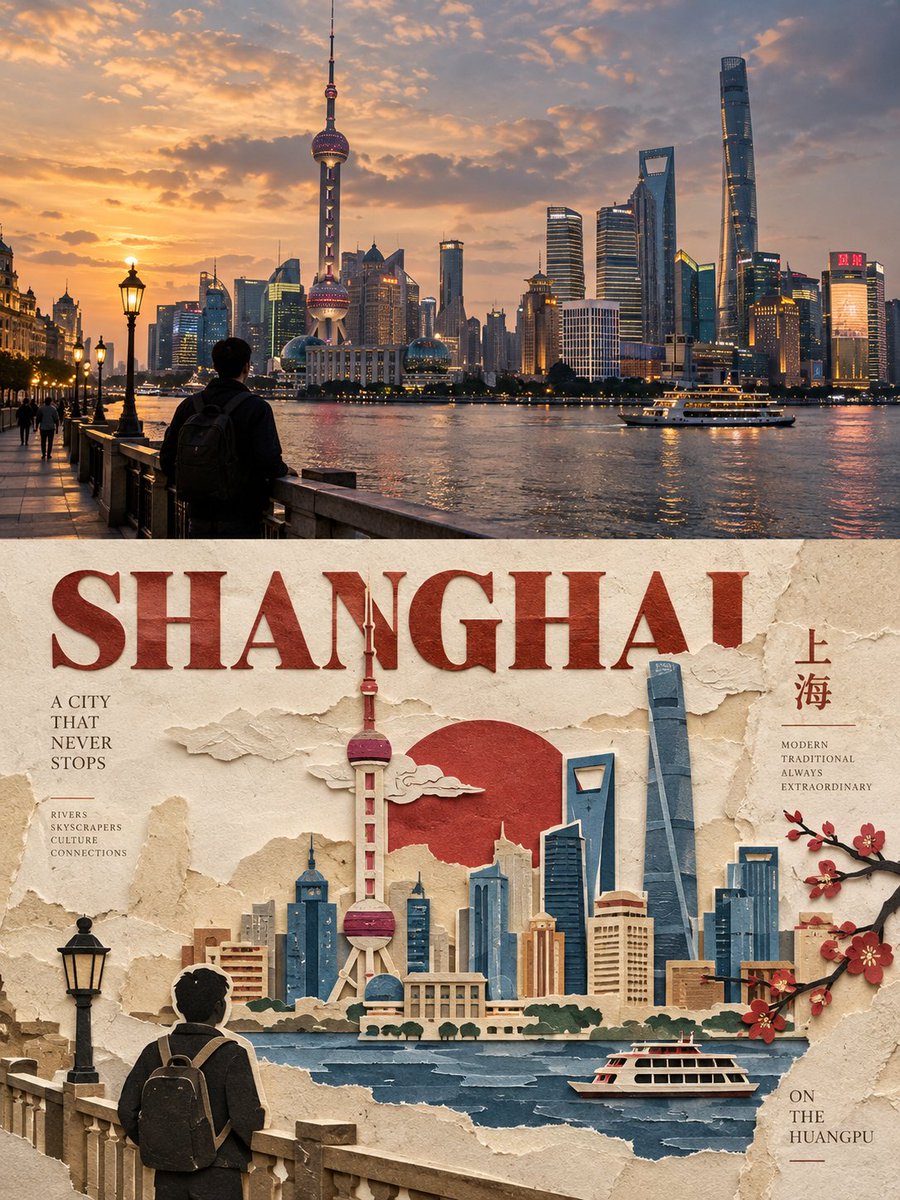 为 [COUNTRY / LOCATION / SUBJECT] 创作一张高端的 3:4 竖版编辑海报，分为完全相等的两部分，各占 50%。 仅限文生图生成…