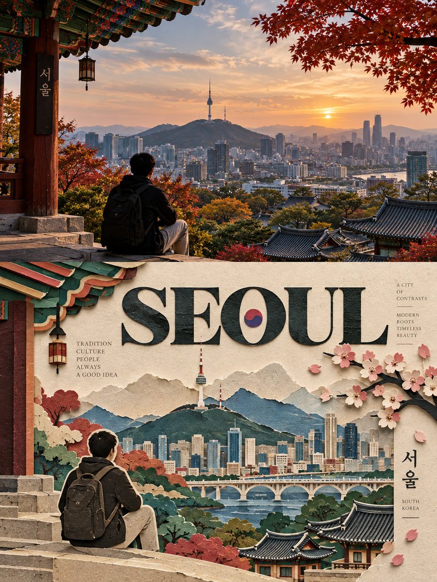 为 [COUNTRY / LOCATION / SUBJECT] 创作一张高端的 3:4 竖版编辑海报，分为完全相等的两部分，各占 50%。 仅限文生图生成。仅根据 [COUNT…