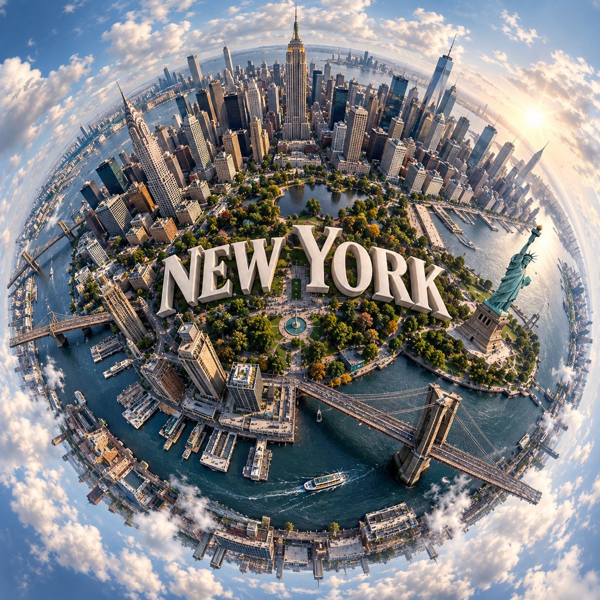 创建一个超现实主义的球形全景图，展现一座迷人的 [CITY NAME]，其最具标志性的地标建筑自然地环绕在一个微型行星般的表面上。整个城市应自然地包裹在球形景观之中，营造出令人惊…