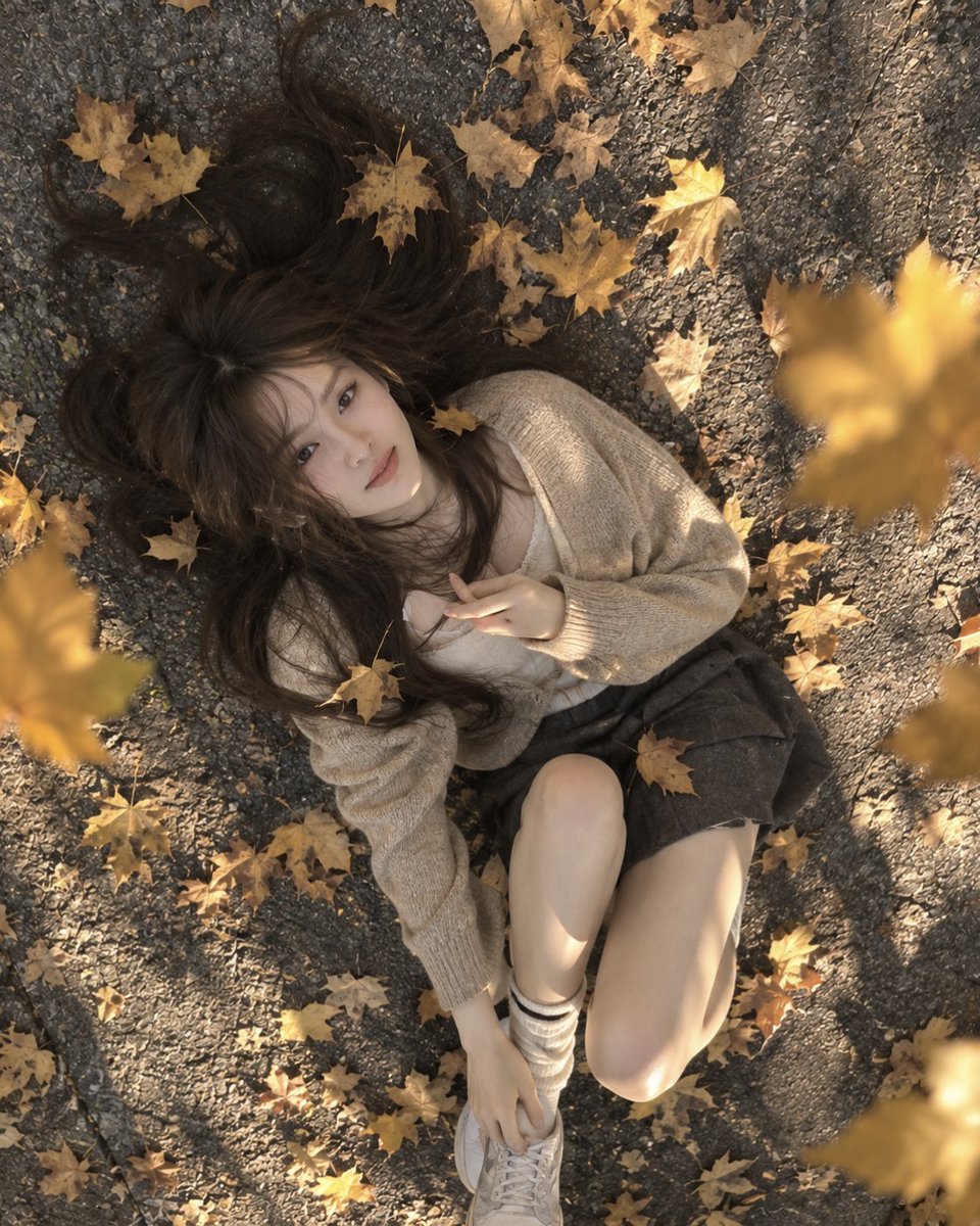 一张超写实艺术风格的俯视人像照片，画面中一位年轻女子躺在一片质感粗糙的灰色沥青路面上，路面散落着金黄色的秋日枫叶。相机正对她的正上方，形成极具张力的俯拍构图…