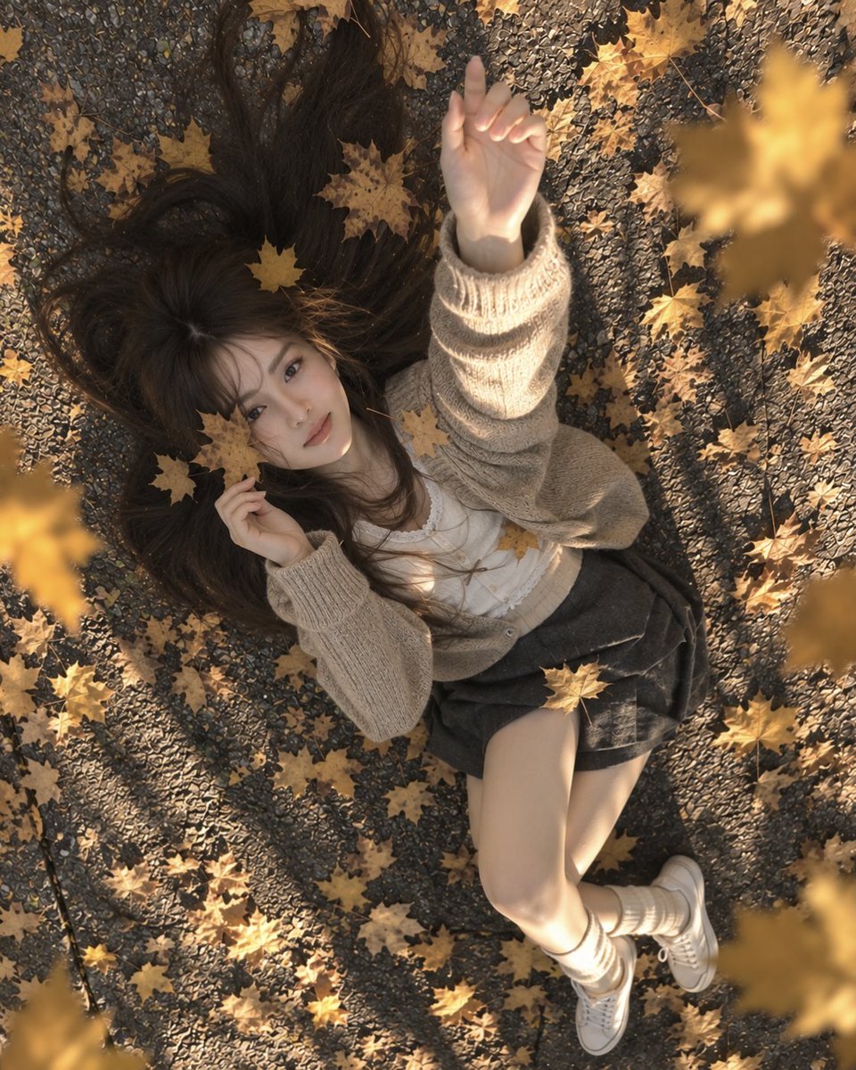一张超写实艺术风格的俯视人像照片,画面中一位年轻女子躺在一片质感粗糙的灰色沥青路面上,路面散落着金黄色的秋日枫叶。相机正对她的正上方,形成极具张力的俯拍构图。她仰面平躺,头部朝向…
