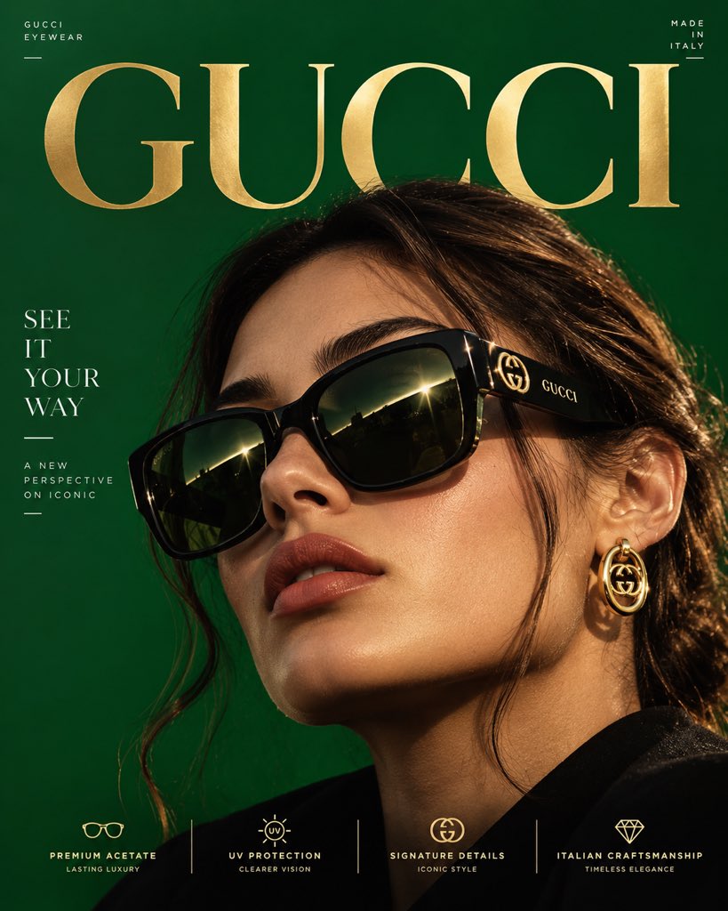 Gucci 太阳镜 —— “全新经典” 4:5 竖版高级海报,8K,大胆的商业版面 × 意大利时尚编辑风格 × 照片级真实奢华广告 🧠 核心创意: “SEE IT YOUR WA…