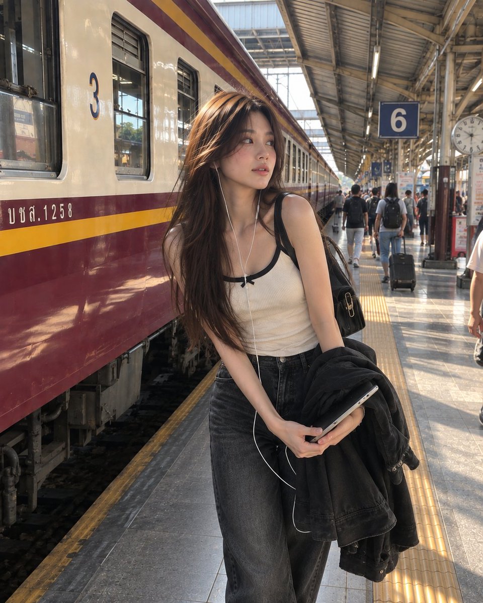 一张具有照片般真实感的随性旅行人像照：一位年轻女子站在繁忙的火车站台上，旁边是一列长长的客运列车。她留着长而笔直、丰盈的深棕色头发，自然地披散在肩膀上并垂至背…